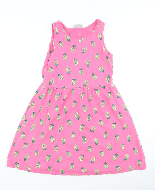 Preworn Girls Pink Geometric Cotton Skater Dress Size 11 Years Round Neck Pullover - Pineapples