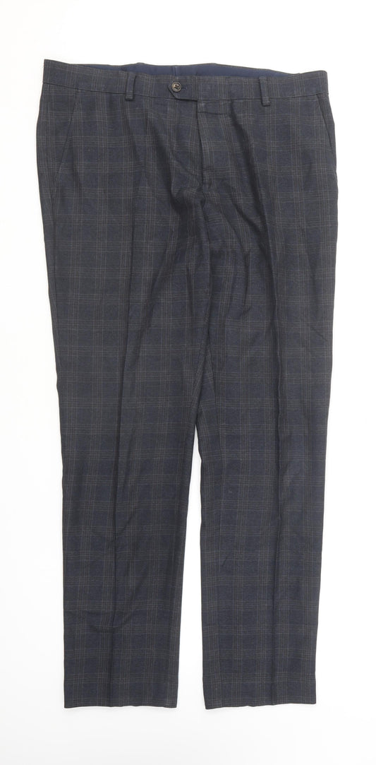 Marks and Spencer Mens Blue Plaid Polyester Trousers Size 34 in L31 in Regular Button