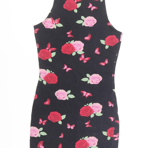 Blue Zoo Girls Black Floral Cotton Pencil Dress Size 9-10 Years Halter Pullover
