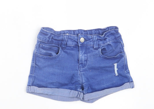 Miss Evie Girls Blue Cotton Boyfriend Shorts Size 7 Years Regular Buckle - Distressed