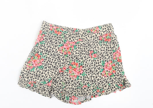 NEXT Girls Multicoloured Animal Print Viscose Paperbag Shorts Size 7 Years Regular - Floral Leopard Print