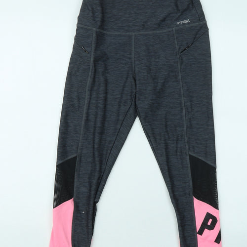PINK Womens Grey Polyester Compression Leggings Size S L23 in Regular - Colour Block