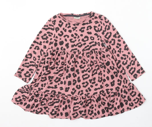 F&F Girls Pink Animal Print Viscose Skater Dress Size 4-5 Years Round Neck