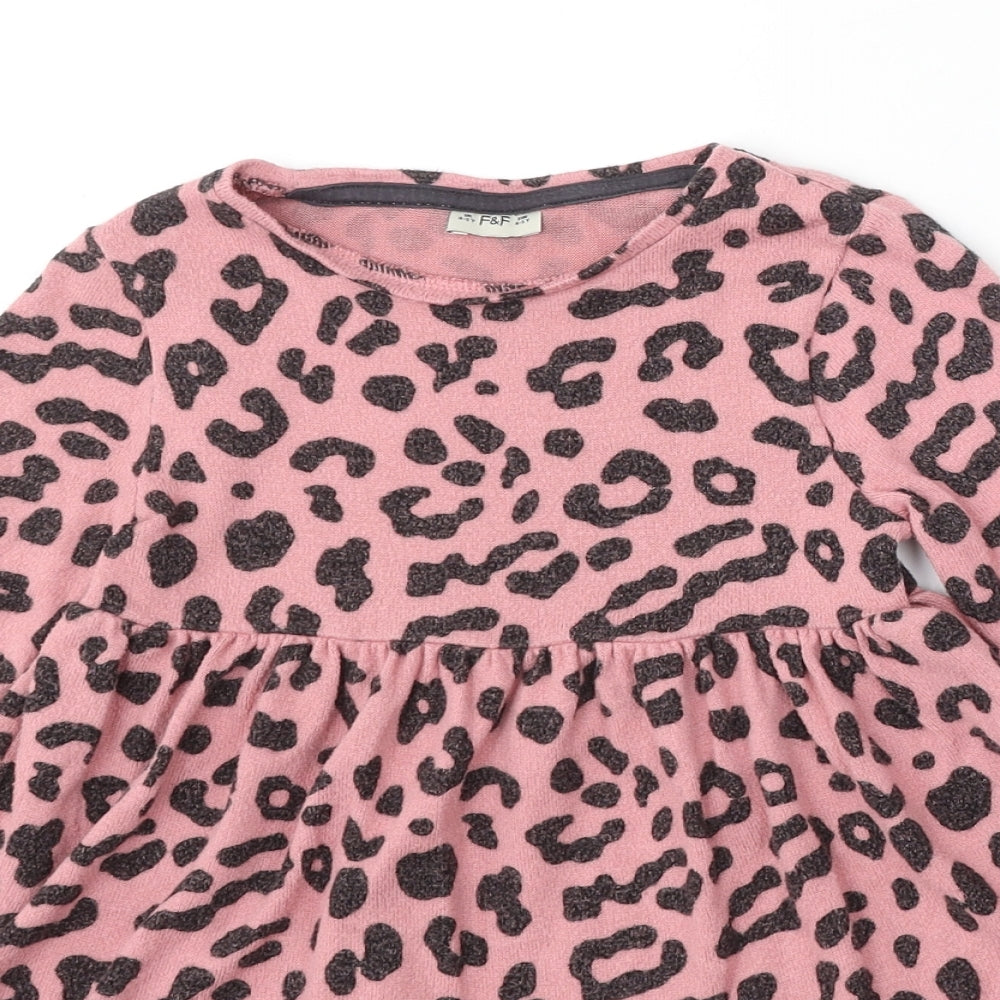 F&F Girls Pink Animal Print Viscose Skater Dress Size 4-5 Years Round Neck
