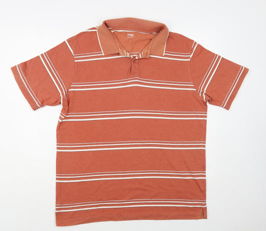 Dunnes Stores Mens Orange Striped Cotton Polo Size L Collared Button