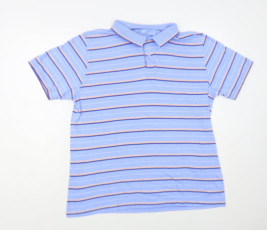 Dunnes Stores Mens Blue Striped Cotton Polo Size L Collared Button