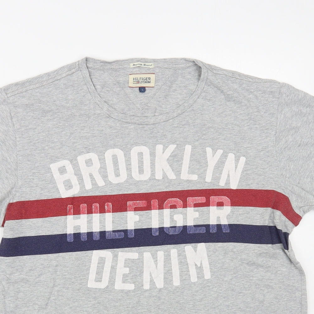 Hilfiger Denim Mens Grey Cotton T-Shirt Size L Crew Neck - Brooklyn