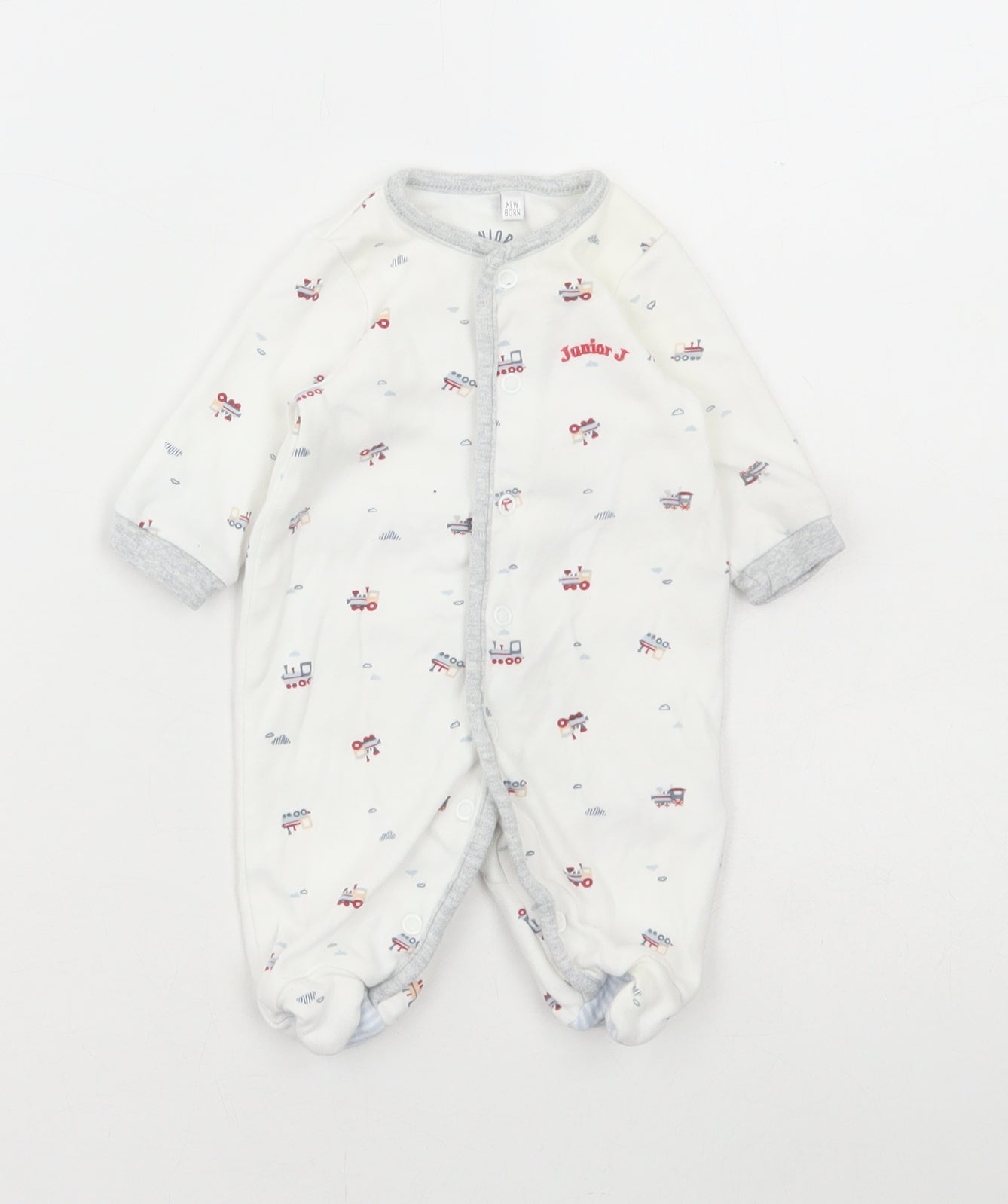 Jasper Conran Baby White Geometric Cotton Babygrow One-Piece Size Newborn Snap - Trains