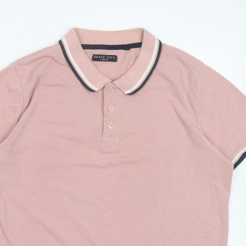 Brave Soul Mens Pink Polyester Polo Size L Collared Button