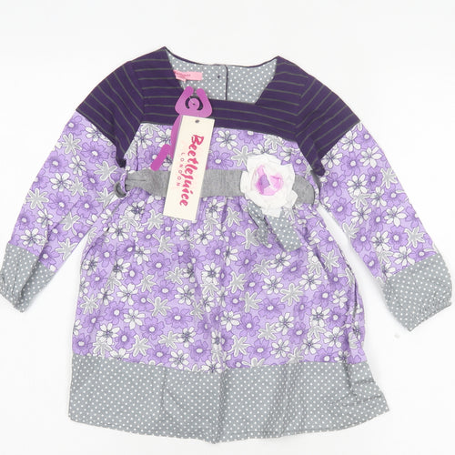 Beetlejuice London Girls Purple Floral Cotton A-Line Size 3 Years Crew Neck Button