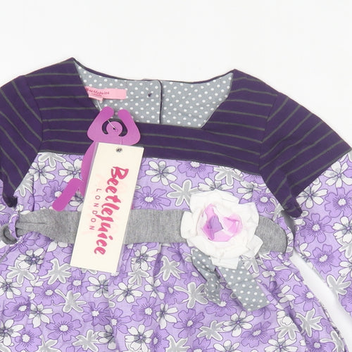 Beetlejuice London Girls Purple Floral Cotton A-Line Size 3 Years Crew Neck Button