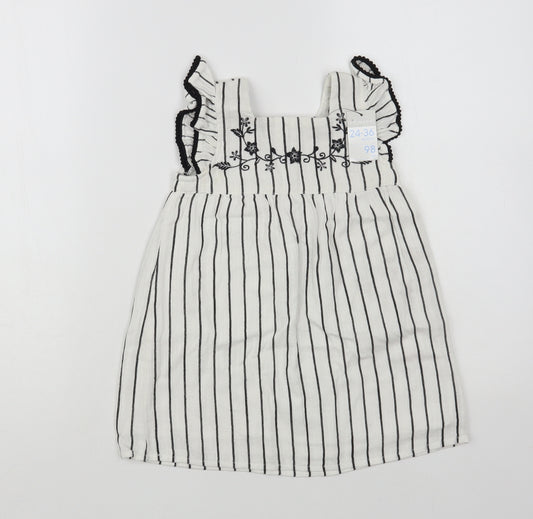 Primark Girls White Striped Cotton A-Line Size 2-3 Years Square Neck Button