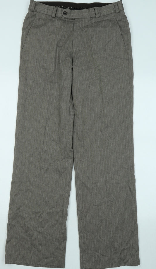 REMUS Mens Brown Striped Polyester Trousers Size 32 in L31 in Regular Zip