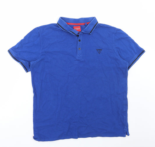 GUESS Mens Blue Cotton Polo Size L Collared Button
