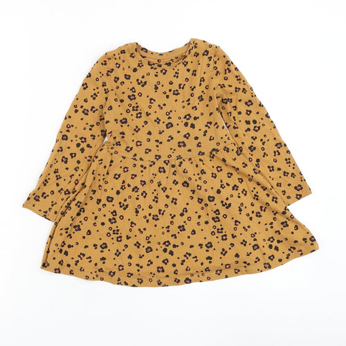TU Girls Brown Animal Print Cotton Skater Dress Size 3 Years Round Neck Pullover - Leopard Print