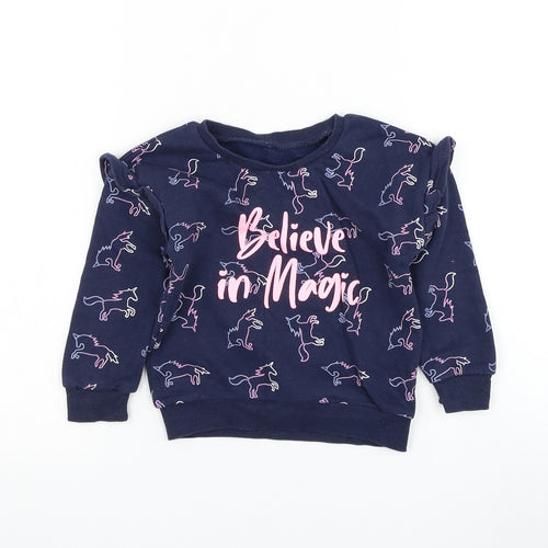Dunnes Stores Girls Blue Geometric Cotton Pullover Sweatshirt Size 2-3 Years Pullover - Unicorn Believe In Magic