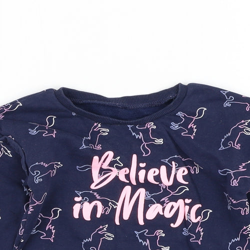 Dunnes Stores Girls Blue Geometric Cotton Pullover Sweatshirt Size 2-3 Years Pullover - Unicorn Believe In Magic