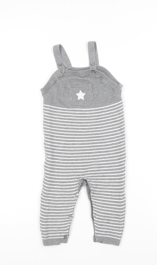 Matalan Baby Grey Striped Cotton Dungaree One-Piece Size 9-12 Months Button - Star