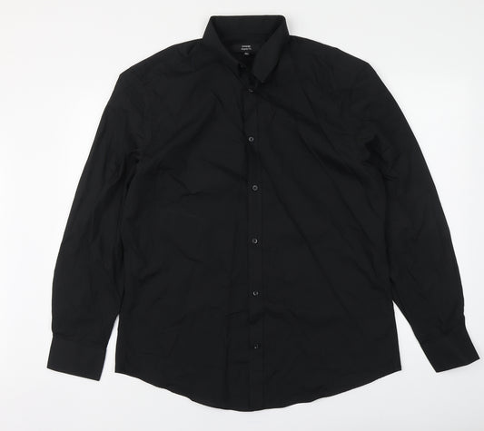 George Mens Black Polyester Button-Up Size 16 Collared Button