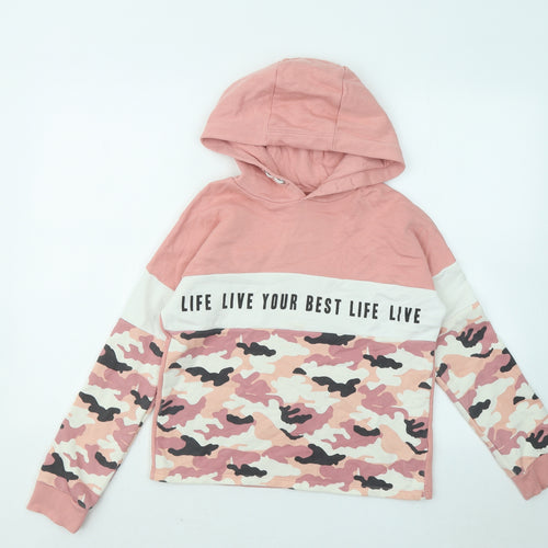 F&F Girls Pink Camouflage Cotton Pullover Hoodie Size 11-12 Years Drawstring - Live Your Best Life
