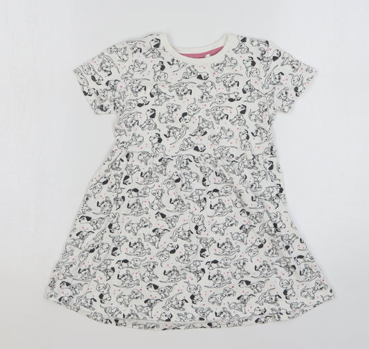 Marks and Spencer Girls White Geometric Cotton Skater Dress Size 3-4 Years Round Neck Pullover - 101 Dalmatians