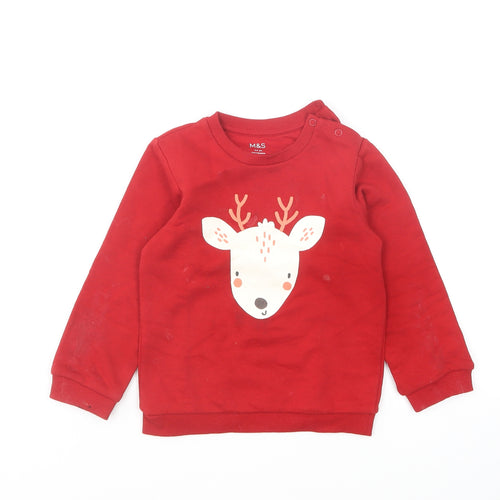 Marks and Spencer Boys Red Cotton Pullover Sweatshirt Size 2-3 Years Pullover - Reindeer