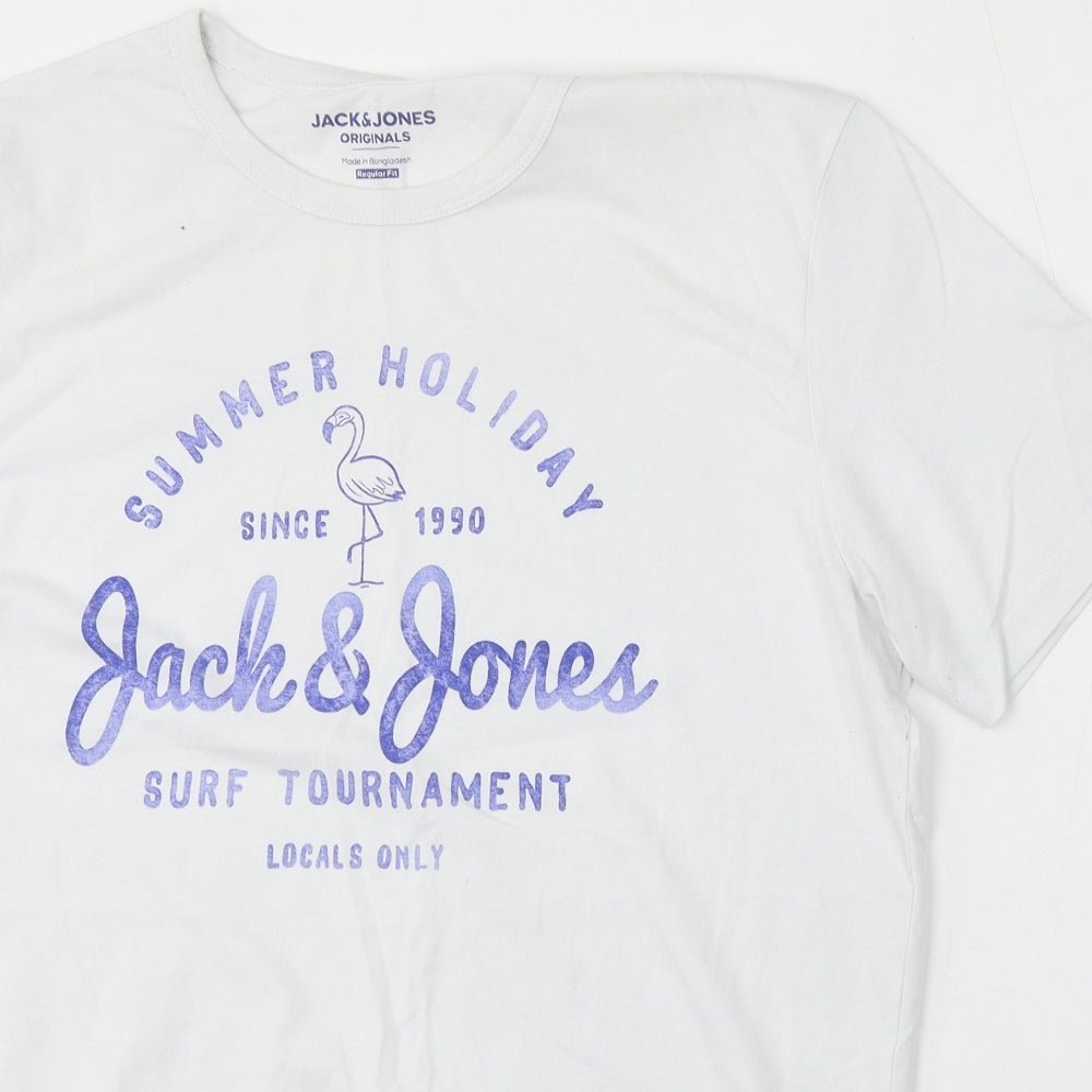 JACK & JONES Mens White Cotton T-Shirt Size M Round Neck - Summer Holiday Surf Tournament
