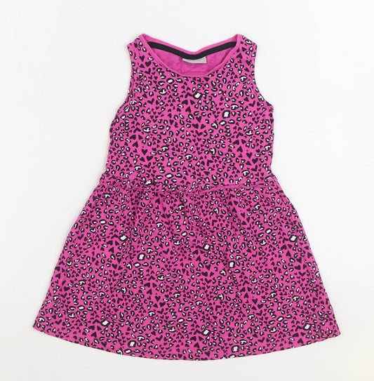 Matalan Girls Pink Animal Print 100% Cotton Skater Dress Size 4 Years Round Neck Pullover - Leopard Print