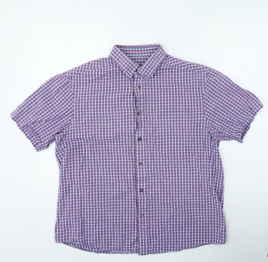 Marks and Spencer Mens Purple Check Cotton Polo Size L Collared Button