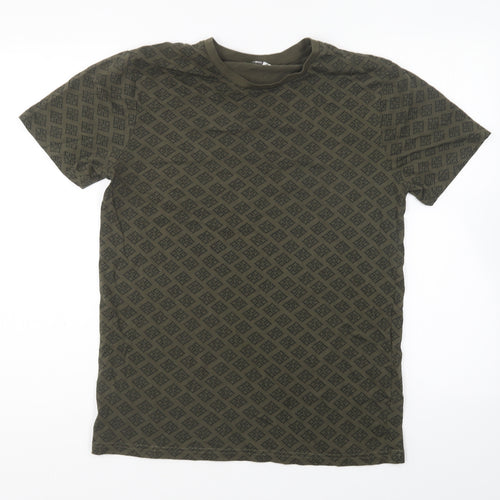 Pep & Co Mens Green Geometric Cotton T-Shirt Size M Round Neck