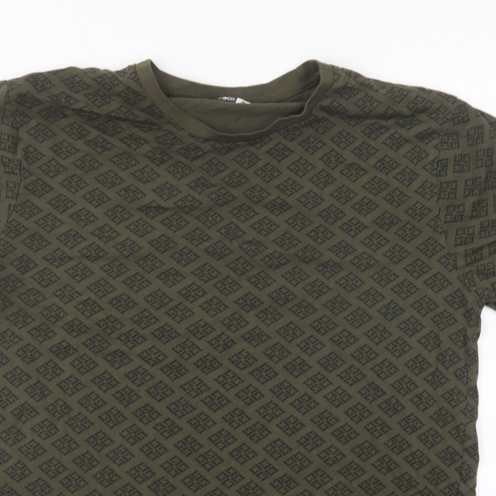 Pep & Co Mens Green Geometric Cotton T-Shirt Size M Round Neck