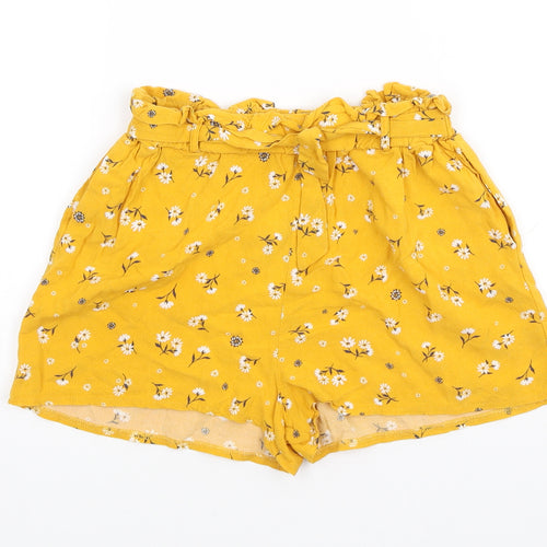 Primark Girls Yellow Floral Viscose Paperbag Shorts Size 11-12 Years Regular