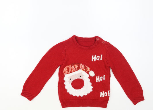 Dunnes Stores Girls Red Crew Neck Acrylic Pullover Jumper Size 2-3 Years Button - Santa Jumper