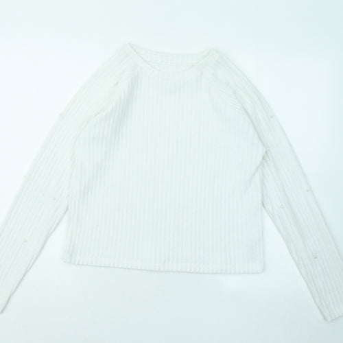 Primark Girls White Round Neck Striped Polyester Pullover Jumper Size 13 Years Pullover - Ribbed