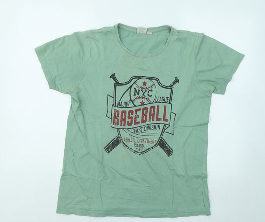 Plus Fit Mens Green Cotton T-Shirt Size L Round Neck - Baseball