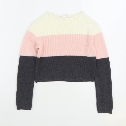 H&M Girls Multicoloured Round Neck Colourblock Acrylic Pullover Jumper Size 9-10 Years Pullover