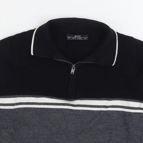 Matalan Boys Black Collared Striped Acrylic Pullover Jumper Size 8 Years Zip
