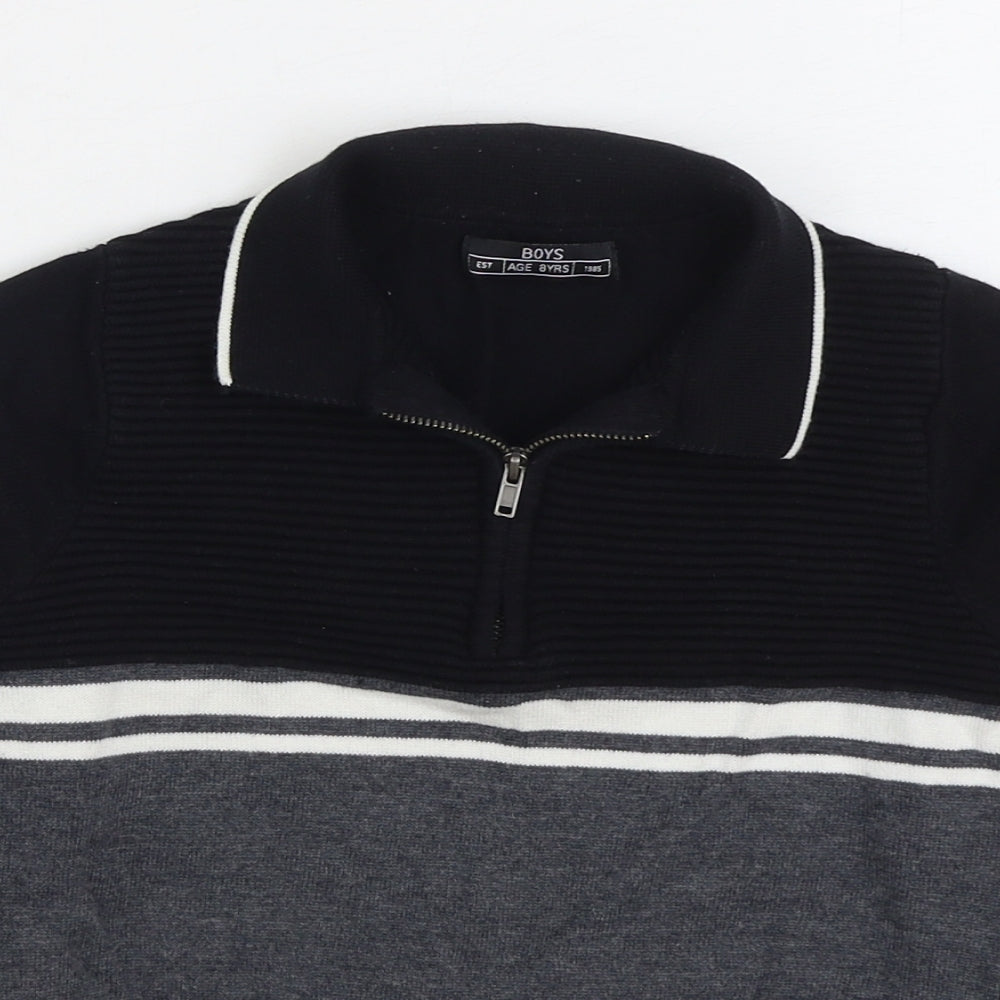 Matalan Boys Black Collared Striped Acrylic Pullover Jumper Size 8 Years Zip