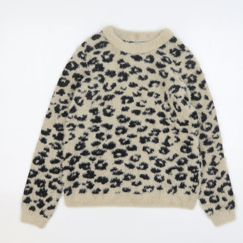 Marks and Spencer Girls Beige Round Neck Animal Print Polyamide Pullover Jumper Size 13-14 Years Pullover - Leopard Print