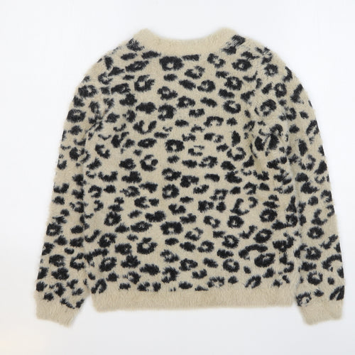 Marks and Spencer Girls Beige Round Neck Animal Print Polyamide Pullover Jumper Size 13-14 Years Pullover - Leopard Print