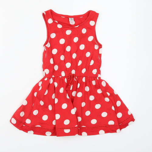 TU Girls Red Polka Dot Cotton Skater Dress Size 3 Years Round Neck Pullover