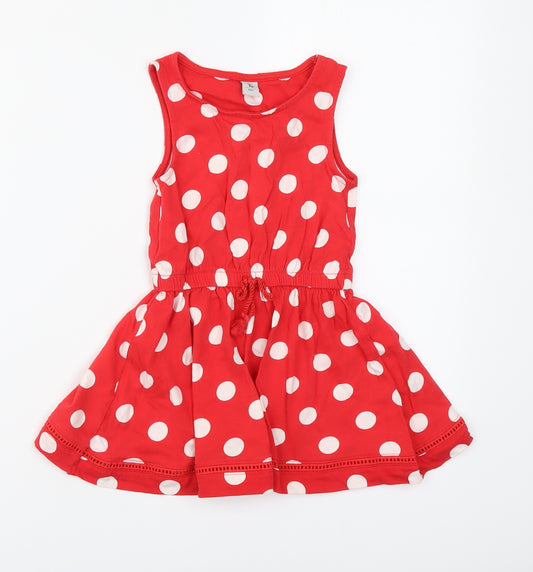 TU Girls Red Polka Dot Cotton Skater Dress Size 3 Years Round Neck Pullover