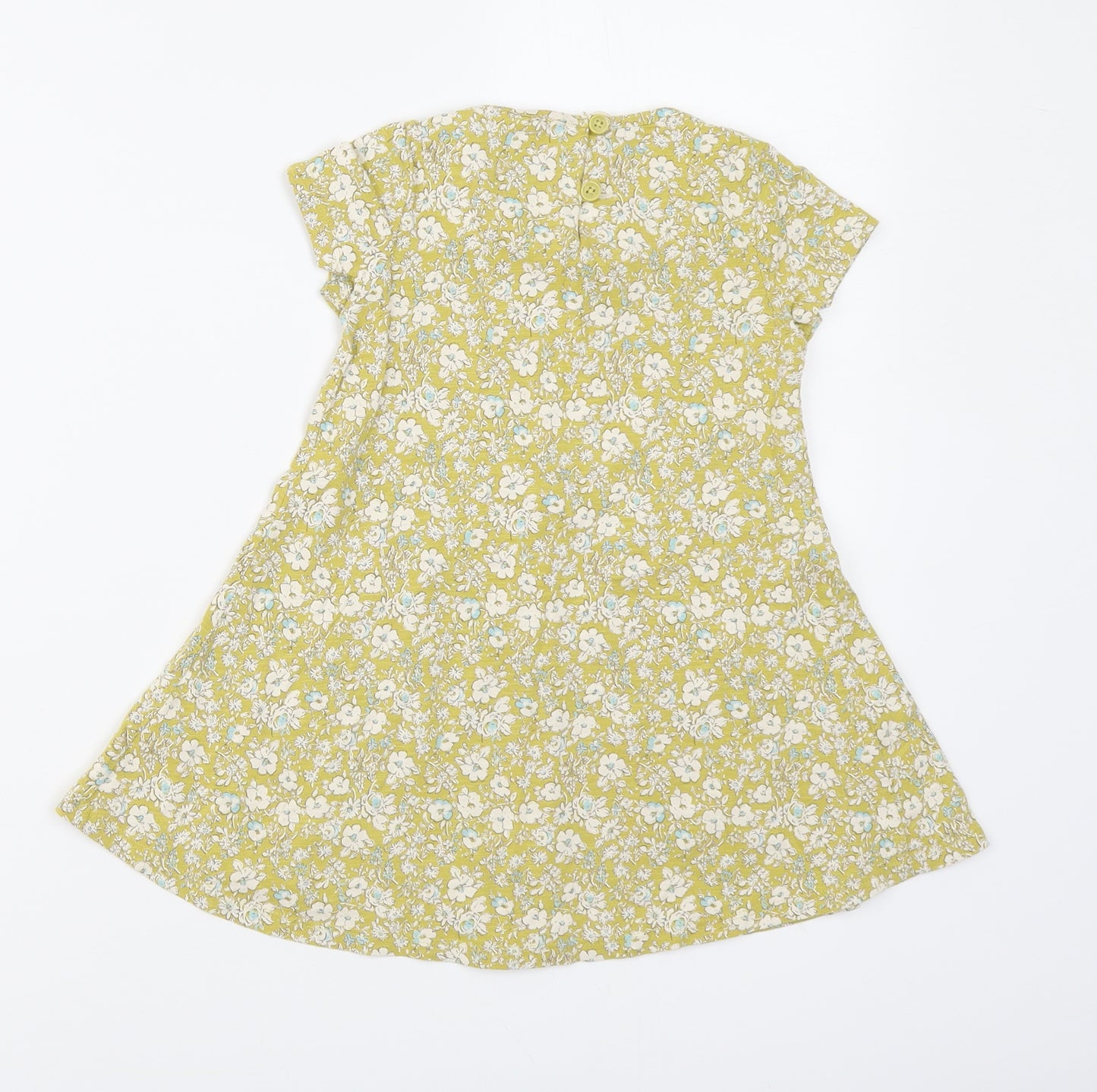 NEXT Girls Yellow Floral Cotton Skater Dress Size 3-4 Years Round Neck Button