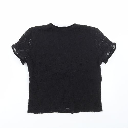 Aria Womens Black Floral Polyester Basic Blouse Size 14 V-Neck