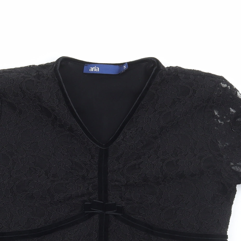 Aria Womens Black Floral Polyester Basic Blouse Size 14 V-Neck