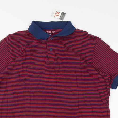 Primark Mens Red Striped Cotton Polo Size XL Collared Button