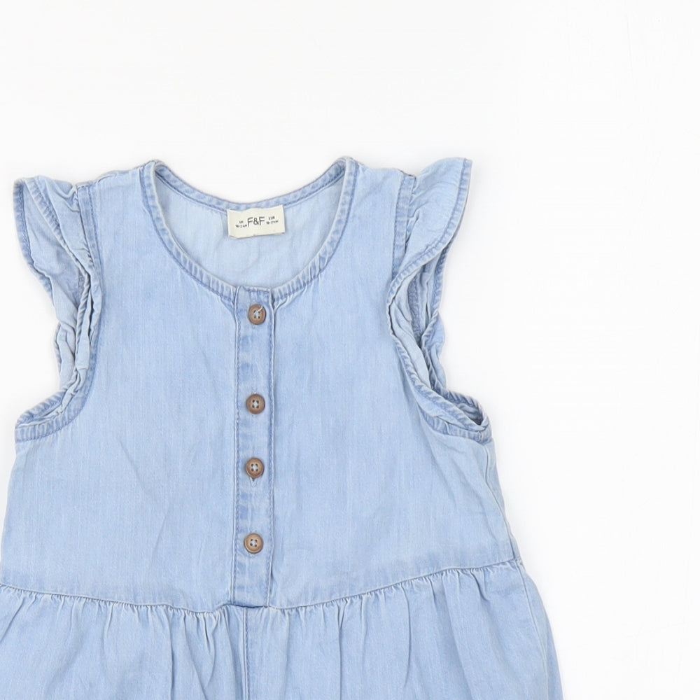 F&F Girls Blue 100% Cotton Playsuit One-Piece Size 2 Years Button