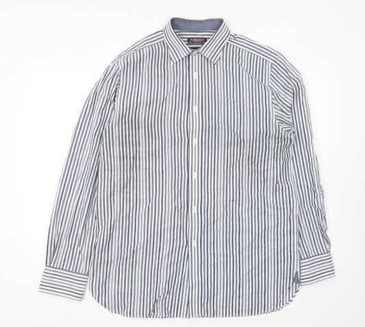 Duffer of St. George Mens Blue Striped Cotton Button-Up Size 16 Collared Button