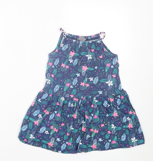 Little Kids Girls Blue Floral Cotton A-Line Size 3-4 Years Square Neck Pullover