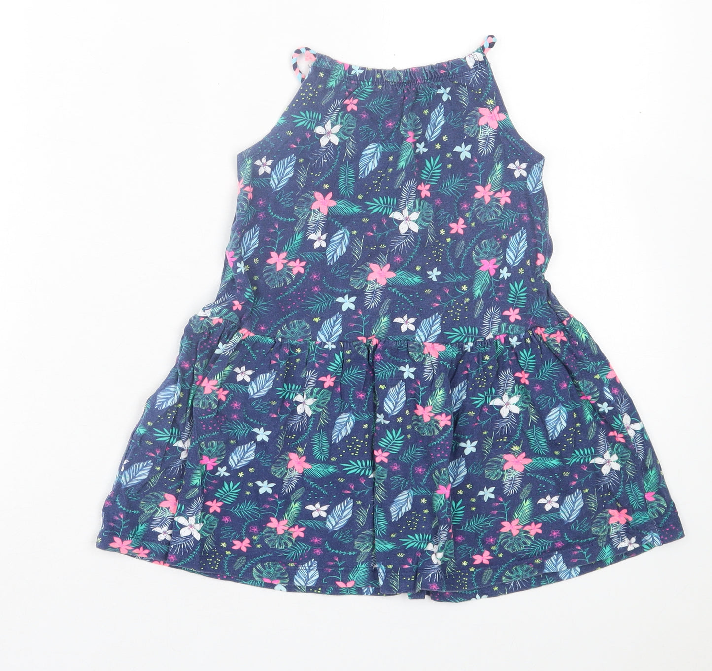 Little Kids Girls Blue Floral Cotton A-Line Size 3-4 Years Square Neck Pullover
